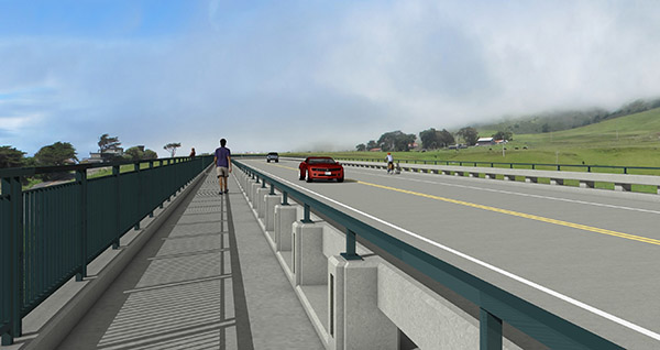 3D visualization of proposed bridge railing and pedestrian access.